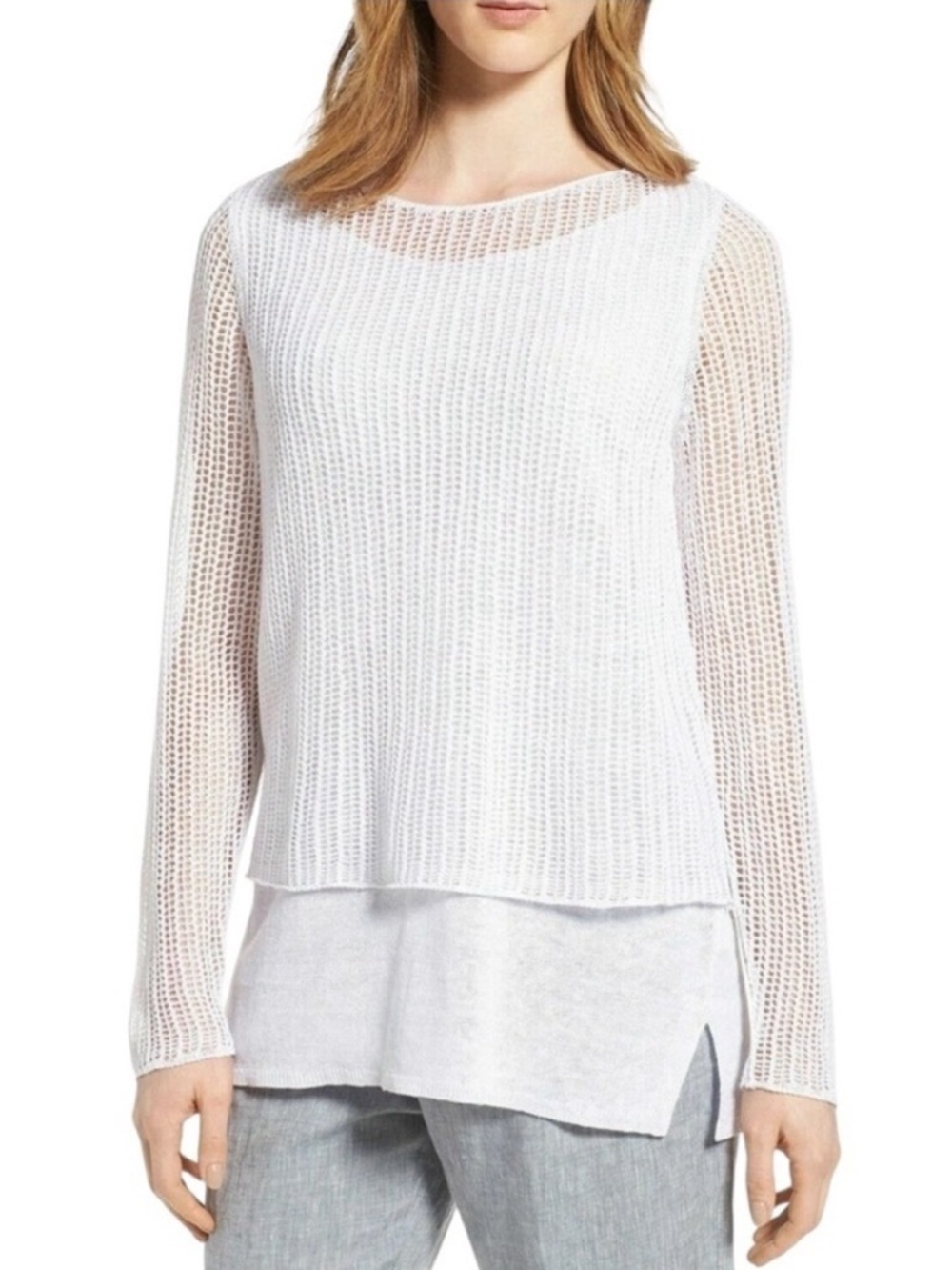 Eileen Fisher Linen Knit Mesh Overlay Tiered Layered Sweater- Size M
